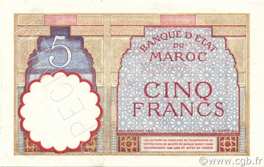 5 Francs MAROKKO  1941 P.23As fST+