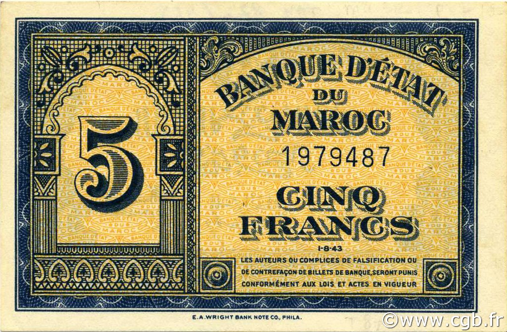 5 Francs MAROCCO  1943 P.24a q.FDC