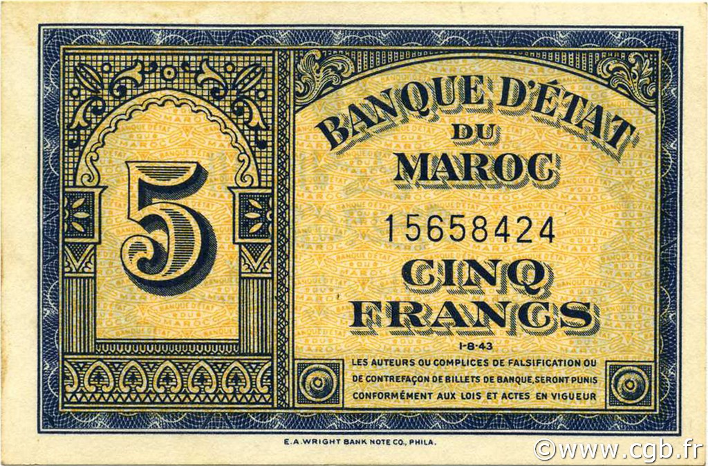 5 Francs MAROKKO  1943 P.24a fST+
