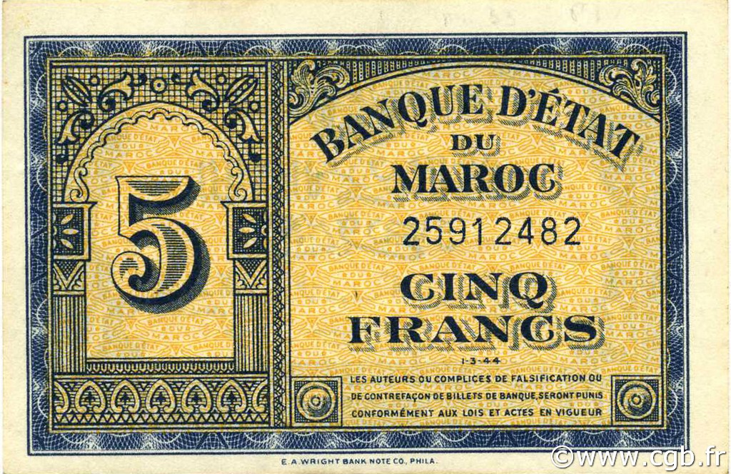 5 Francs MAROKKO  1944 P.24b VZ+