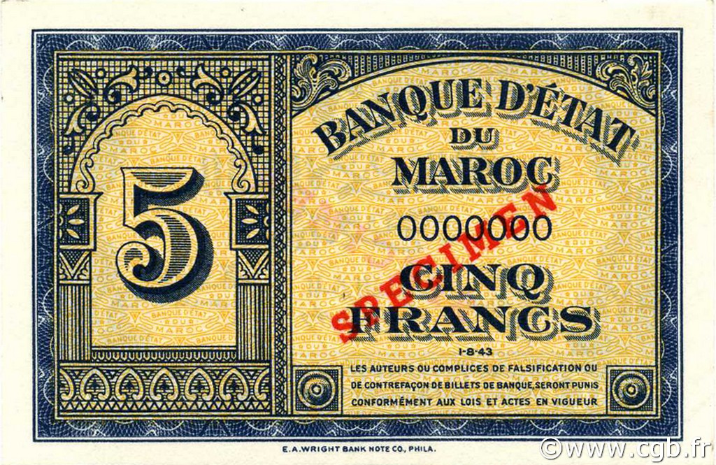 5 Francs MAROKKO  1943 P.24s ST