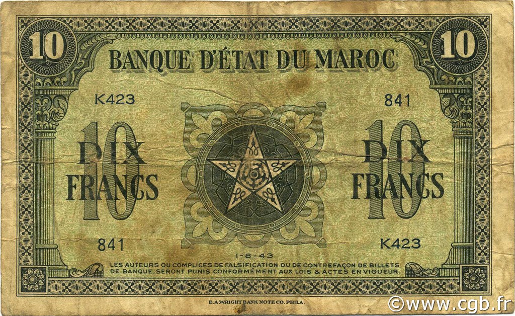 10 Francs MOROCCO  1943 P.25 VG