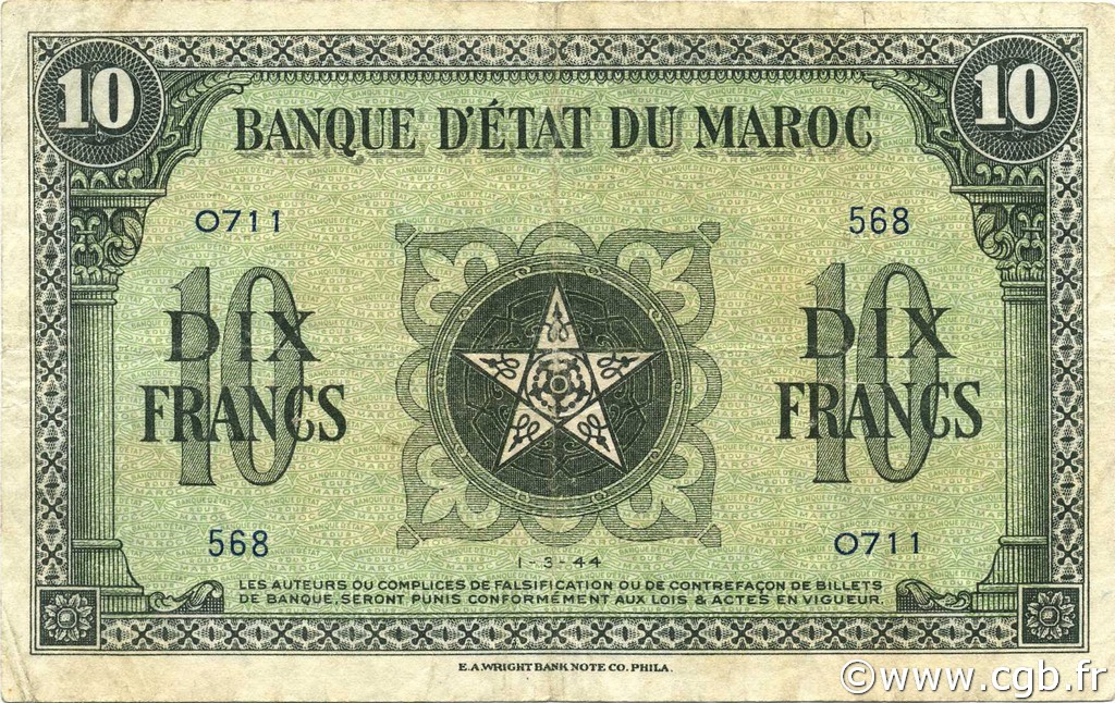 10 Francs MOROCCO  1944 P.25 VF