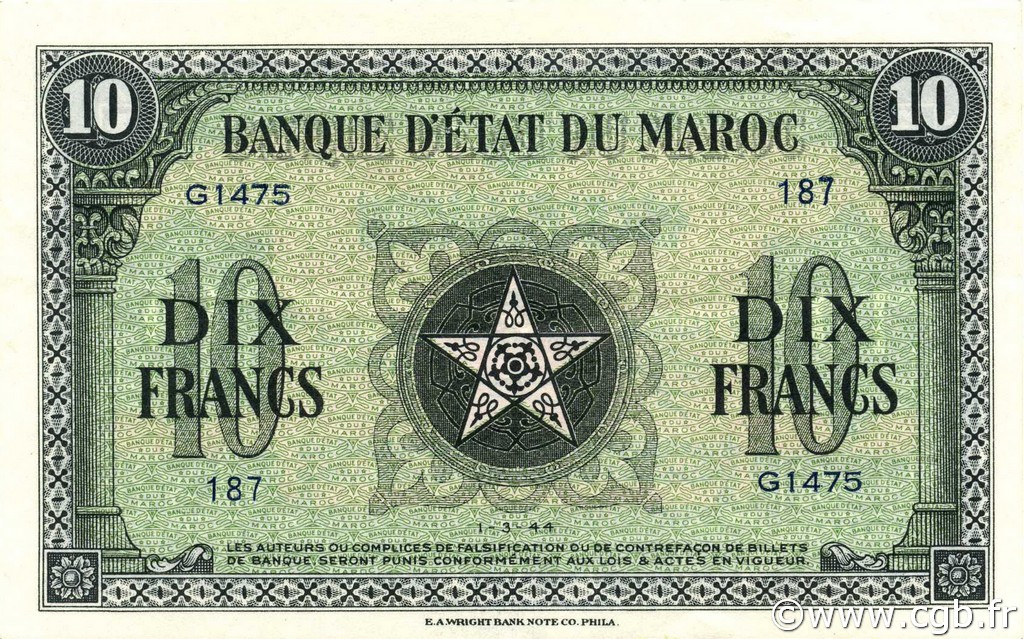 10 Francs MAROKKO  1944 P.25 VZ