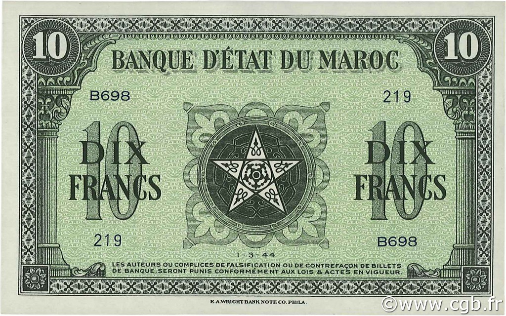 10 Francs MAROKKO  1944 P.25 fST+