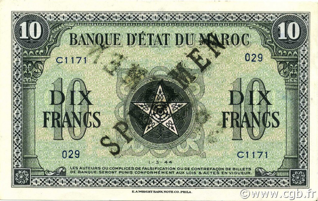 10 Francs MAROCCO  1944 P.25s q.FDC