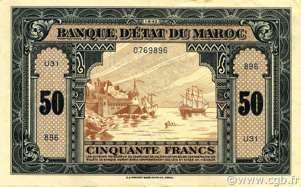 50 Francs MOROCCO  1943 P.26 XF-