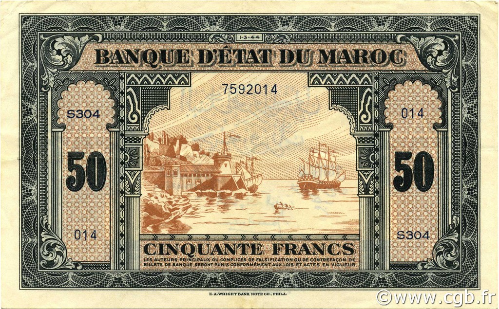 50 Francs MAROKKO  1944 P.26 fVZ