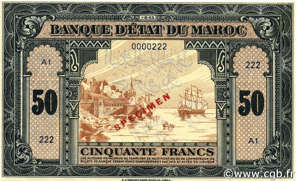 50 Francs MOROCCO  1943 P.26s UNC-