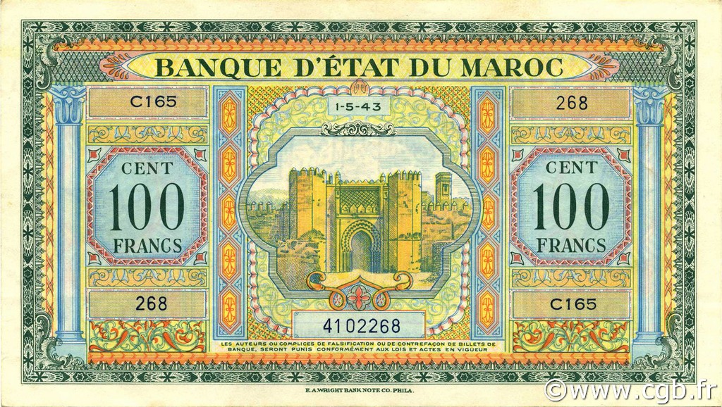100 Francs MAROKKO  1943 P.27 VZ+