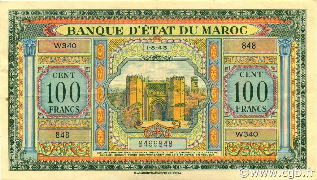 100 Francs MAROKKO  1943 P.27 fVZ