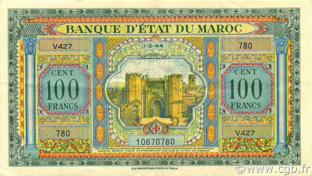 100 Francs MOROCCO  1944 P.27 XF