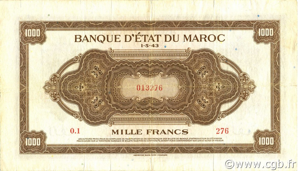 1000 Francs MOROCCO  1943 P.28 F - VF