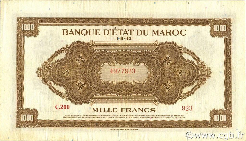 1000 Francs MAROC  1943 P.28 TB