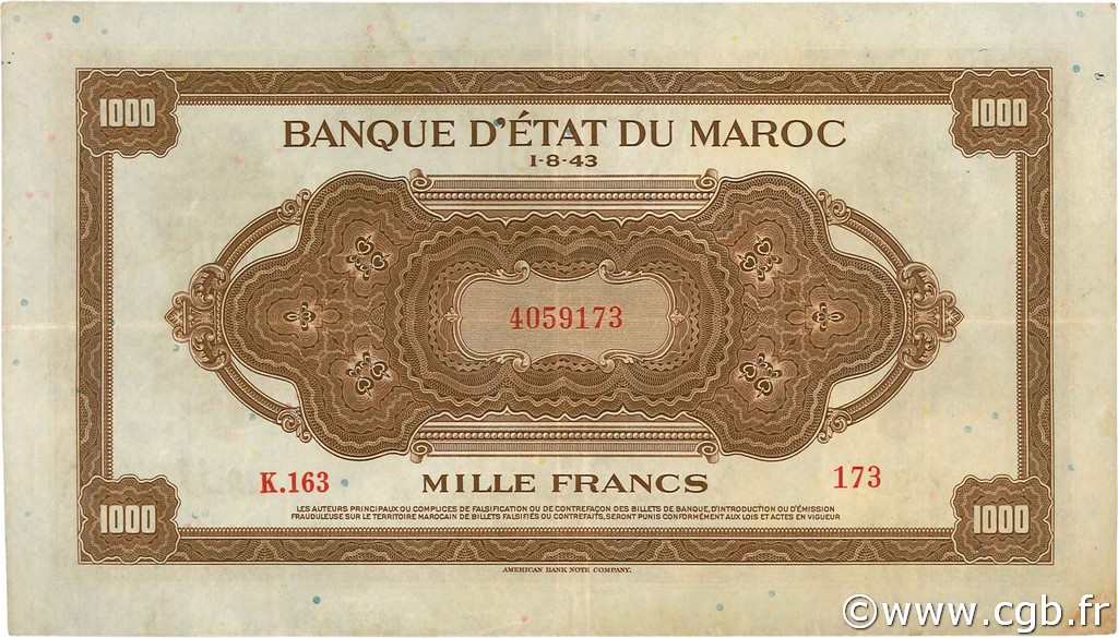 1000 Francs MARUECOS  1943 P.28 MBC+
