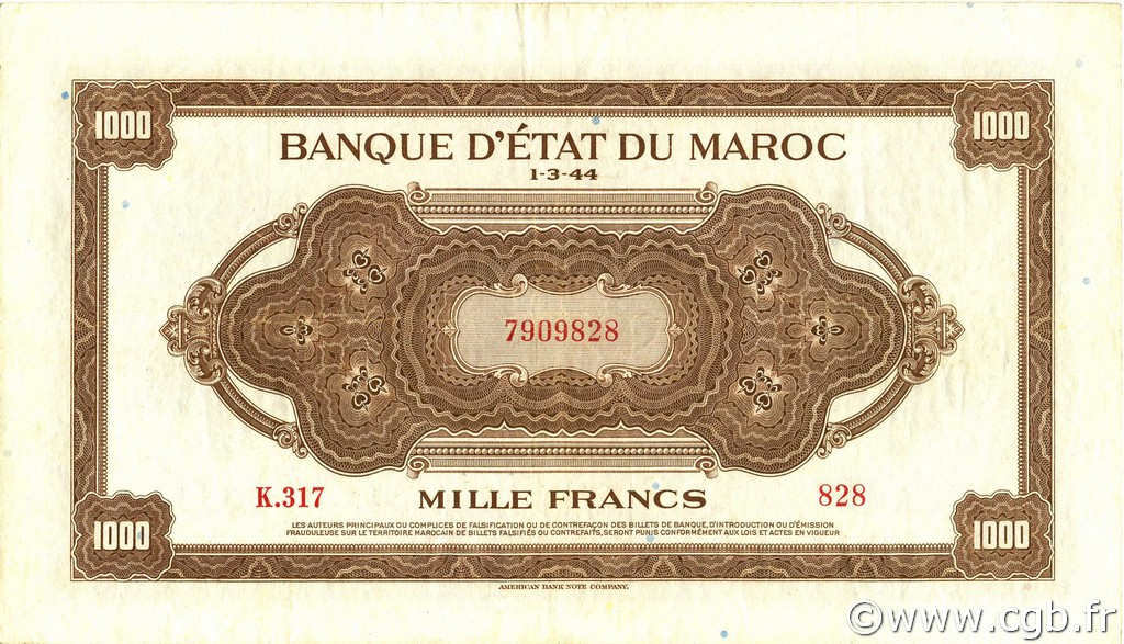 1000 Francs MAROKKO  1944 P.28 SS
