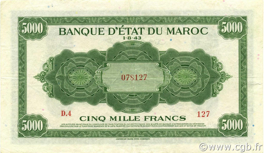 5000 Francs MOROCCO  1943 P.29 VF+
