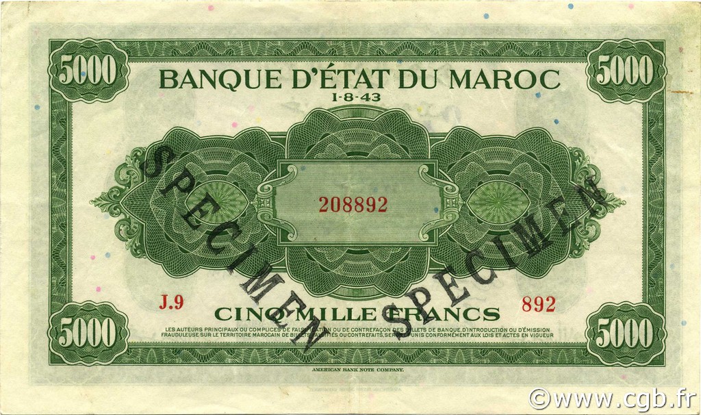 5000 Francs Spécimen MAROKKO  1943 P.29s VZ