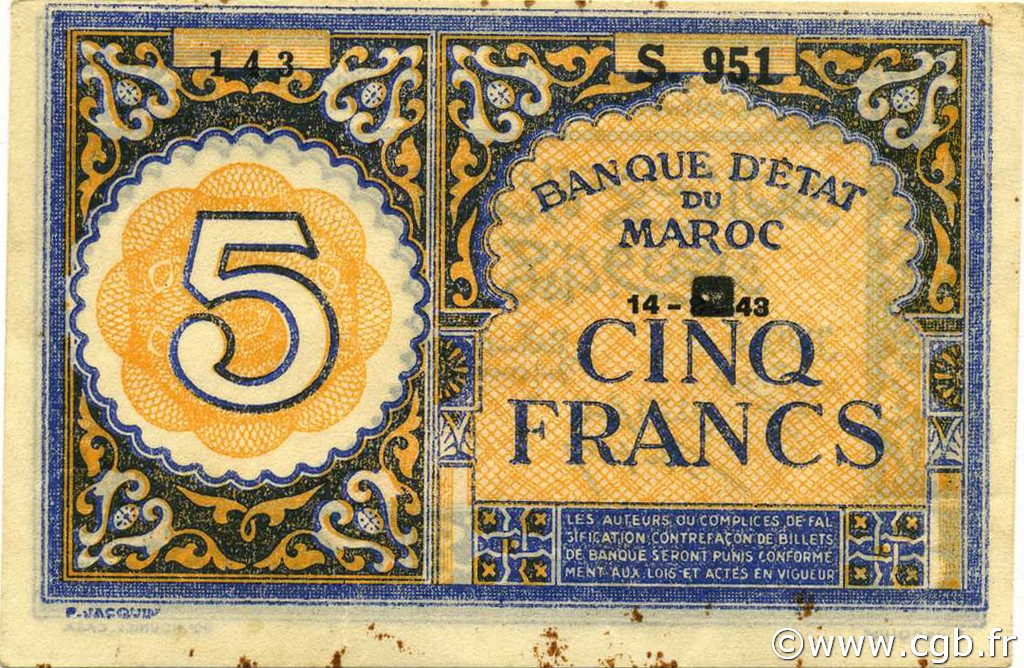 5 Francs MOROCCO  1943 P.33 XF
