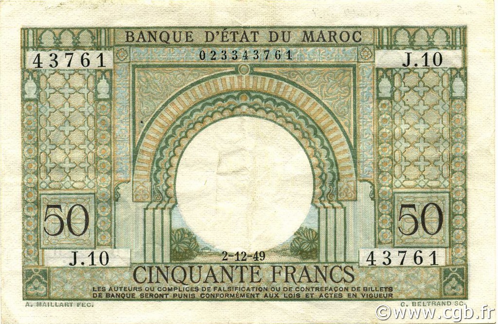 50 Francs MAROKKO  1949 P.44 fVZ