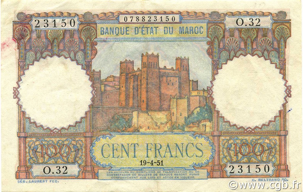 100 Francs MOROCCO  1951 P.45 XF-