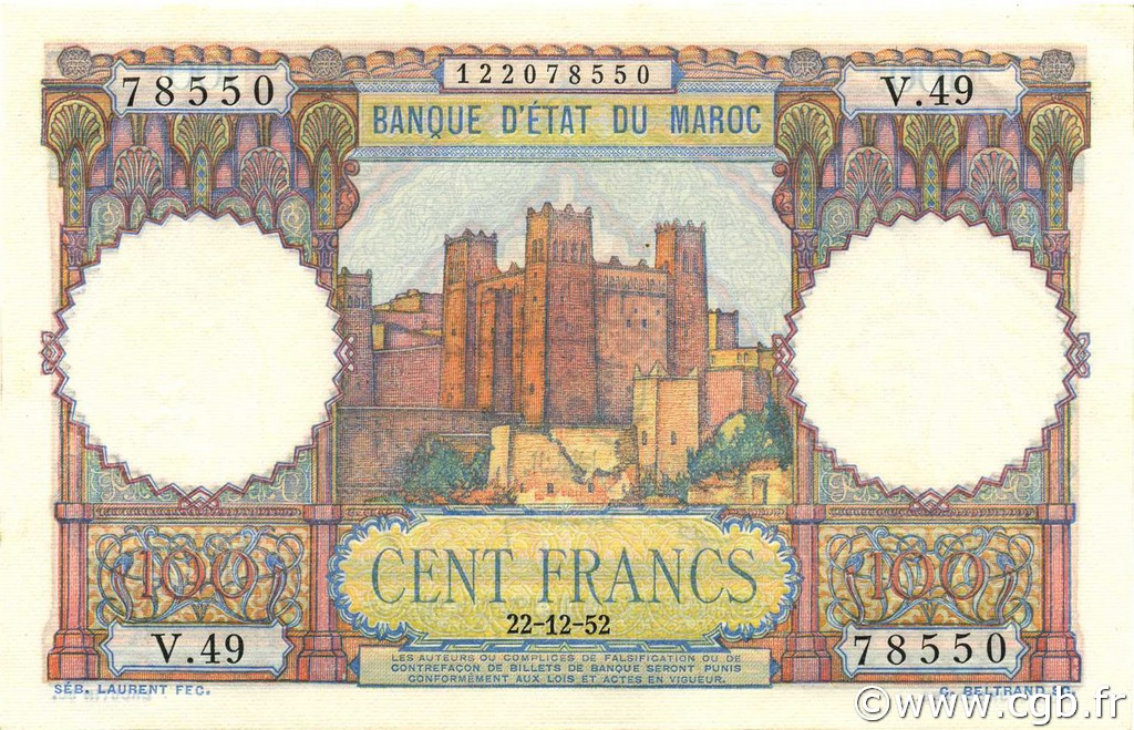 100 Francs MAROCCO  1952 P.45 FDC