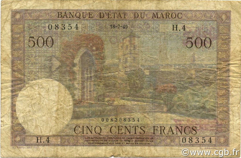 500 Francs MARUECOS  1949 P.46 BC