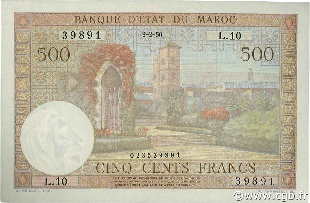 500 Francs MOROCCO  1950 P.46 AU+