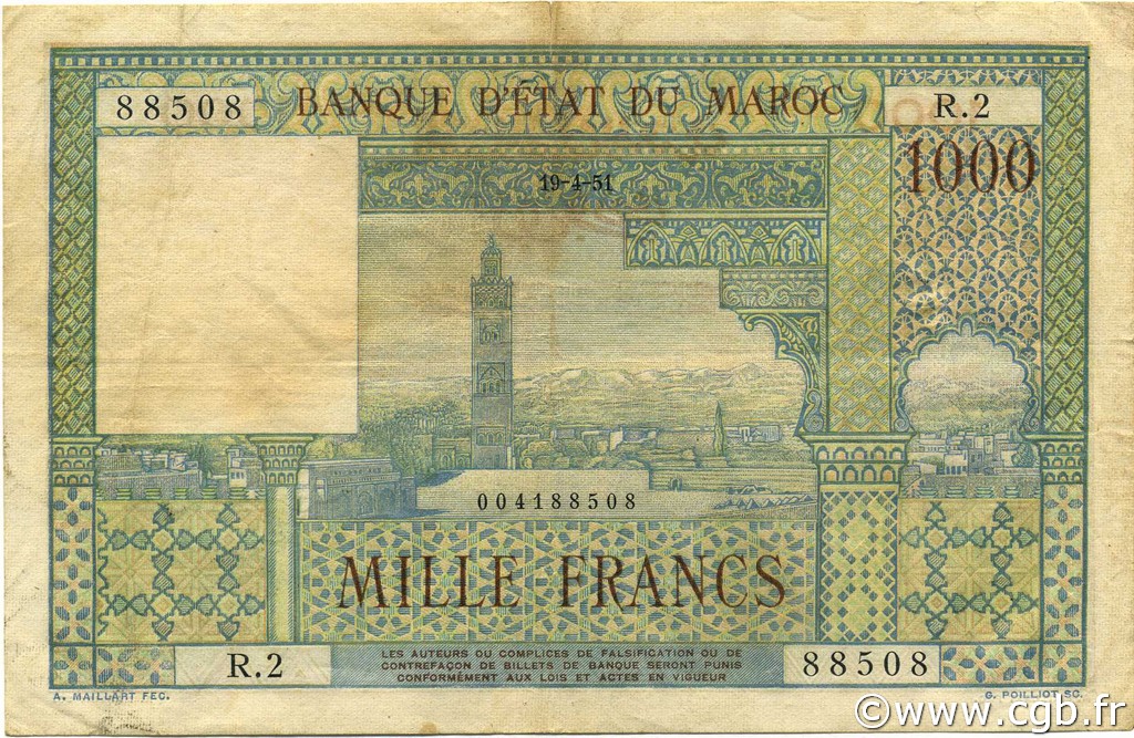 1000 Francs MOROCCO  1951 P.47 VF-