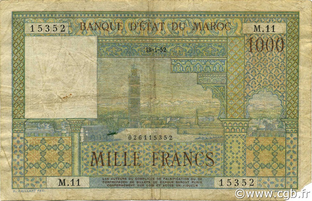 1000 Francs MAROCCO  1952 P.47 q.MB