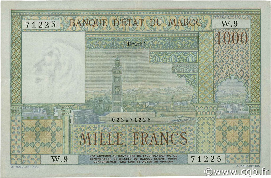 1000 Francs MAROKKO  1952 P.47 SS to VZ