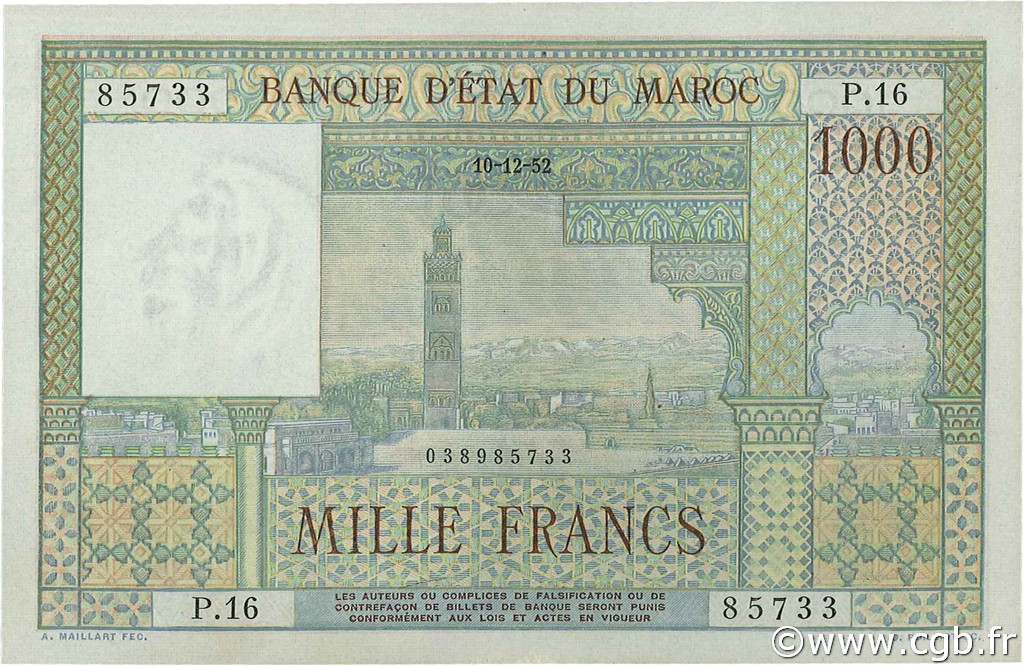 1000 Francs MARUECOS  1952 P.47 SC+