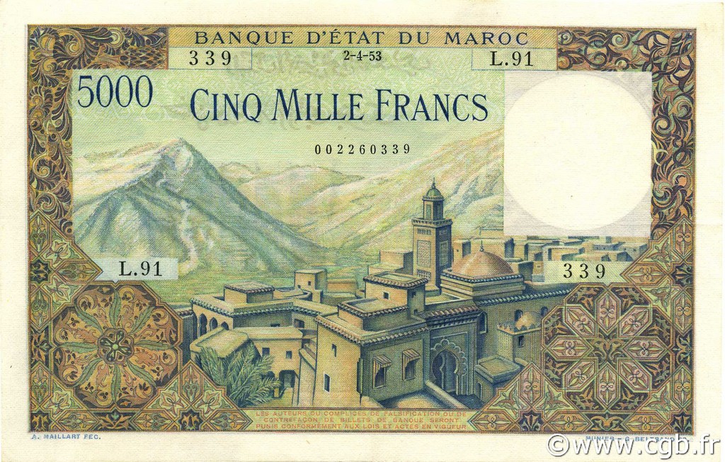 5000 Francs MOROCCO  1953 P.49 XF-