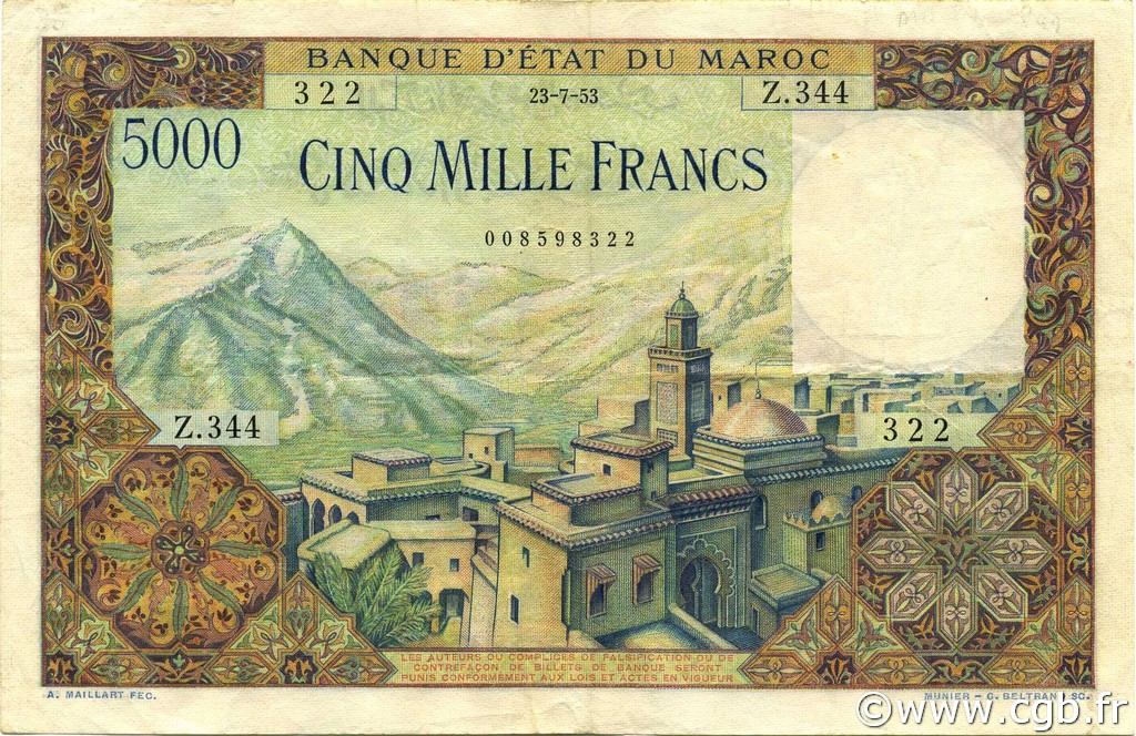 5000 Francs MAROKKO  1953 P.49 SS