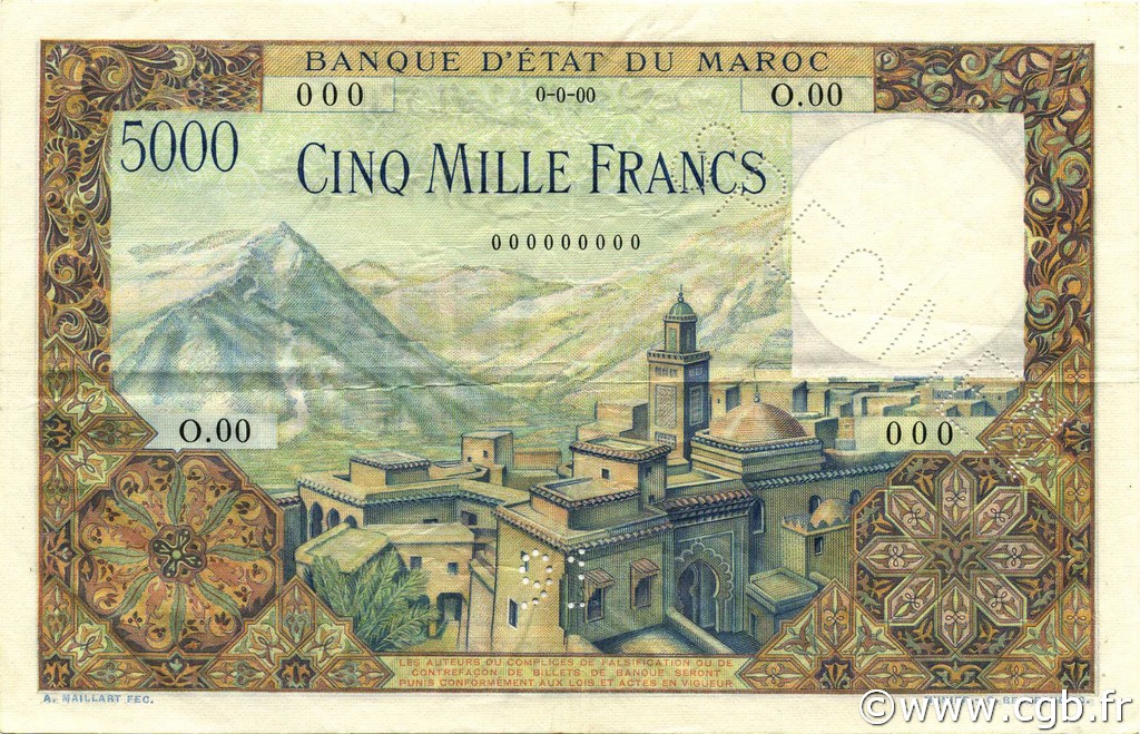 5000 Francs MOROCCO  1951 P.49s XF-