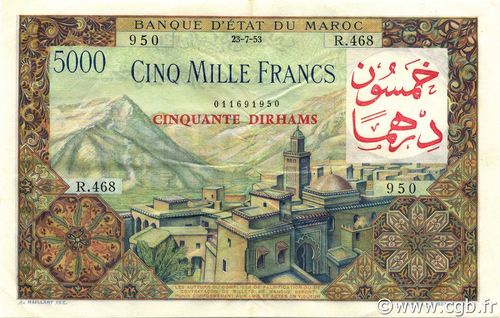 50 Dirhams sur 5000 Francs MARUECOS  1953 P.51 MBC a EBC