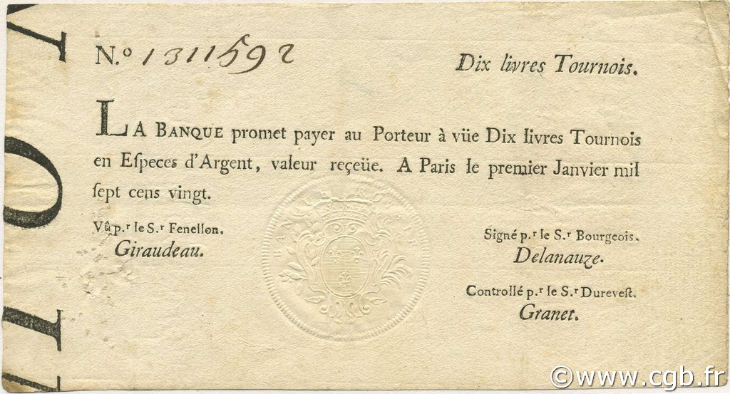 10 Livres Tournois typographié FRANKREICH  1720 Laf.089 SS