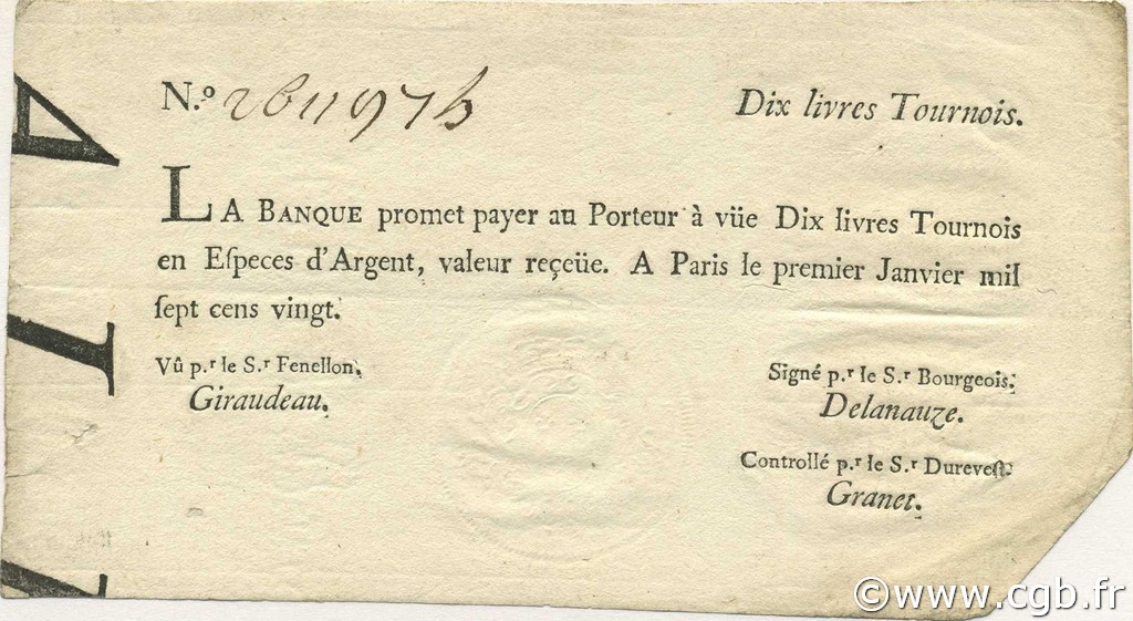 10 Livres Tournois typographié FRANCE  1720 Laf.089 XF-