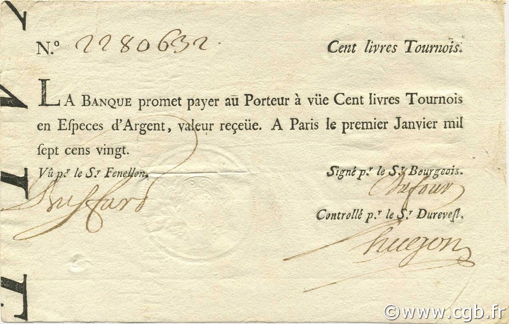 100 Livres Tournois typographié FRANCIA  1720 Laf.090 BB