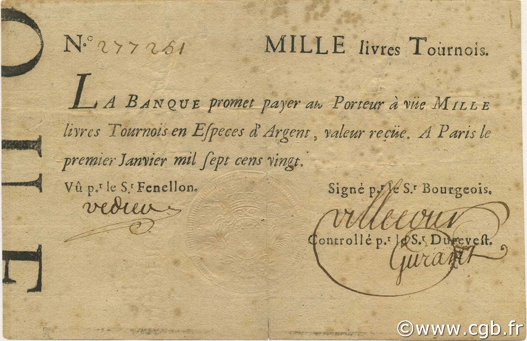 1000 Livres Tournois typographié FRANCE  1720 Laf.091x VF