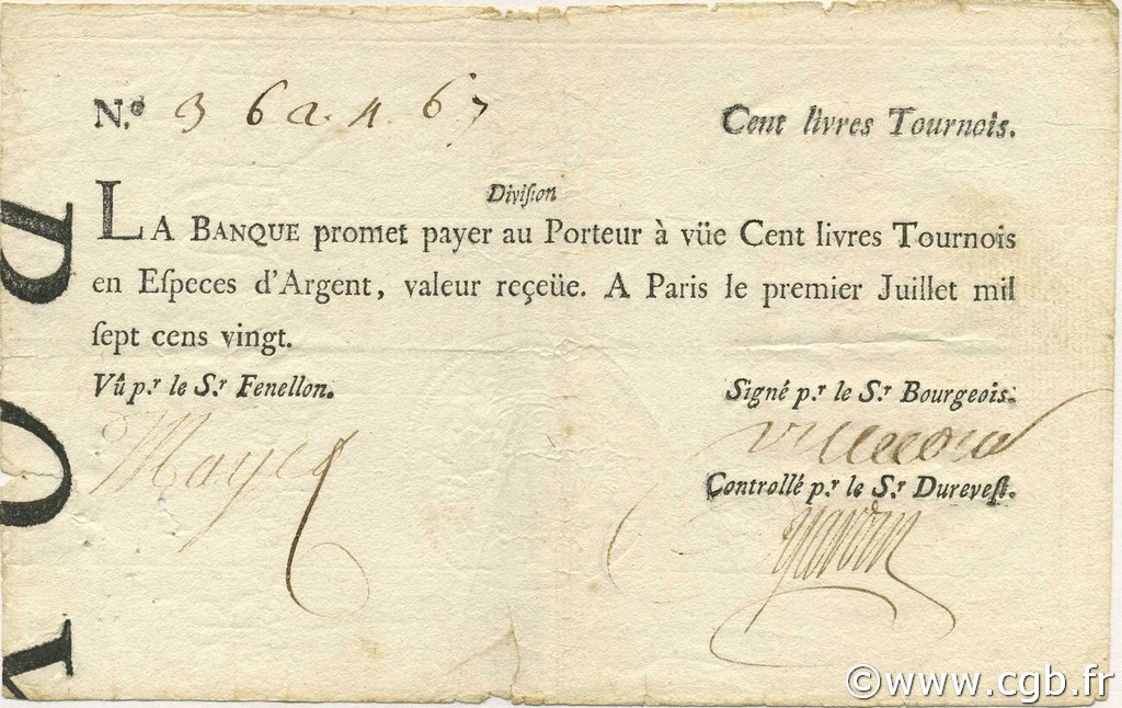 100 Livres Tournois typographié FRANCE  1720 Laf.094 F - VF
