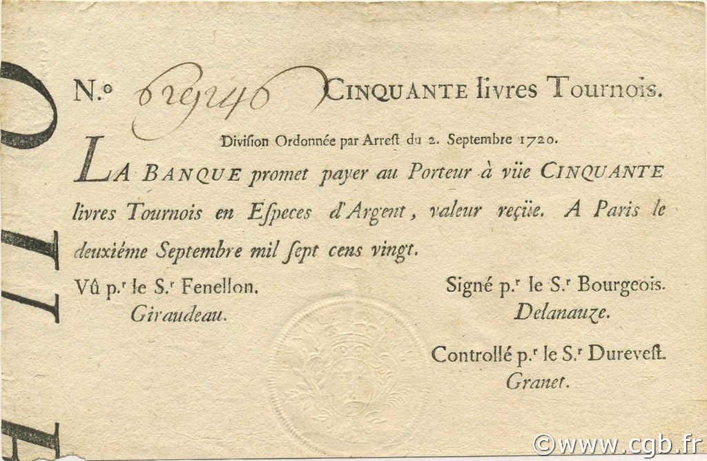 50 Livres Tournois typographié FRANKREICH  1720 Laf.096 VZ