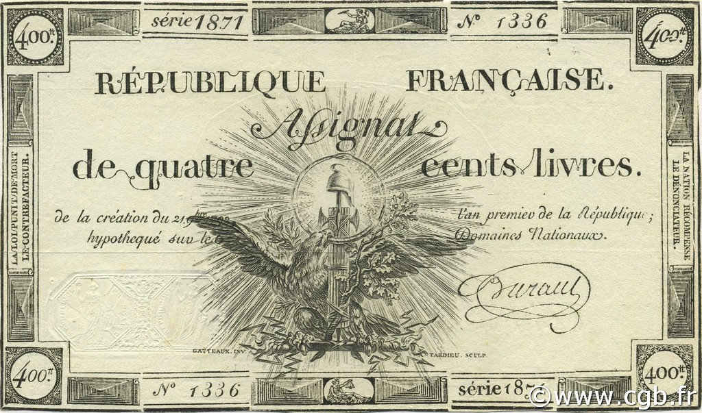 400 Livres FRANCE  1792 Ass.38a TTB+
