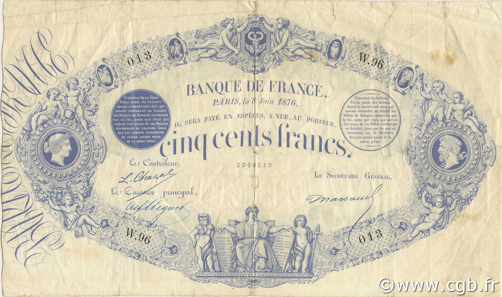 500 Francs indices noirs FRANCE  1876 F.A40.10 TB à TTB