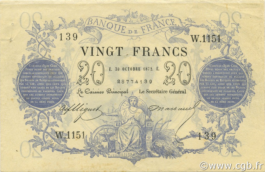 20 Francs type 1871 FRANKREICH  1872 F.A46.03 VZ