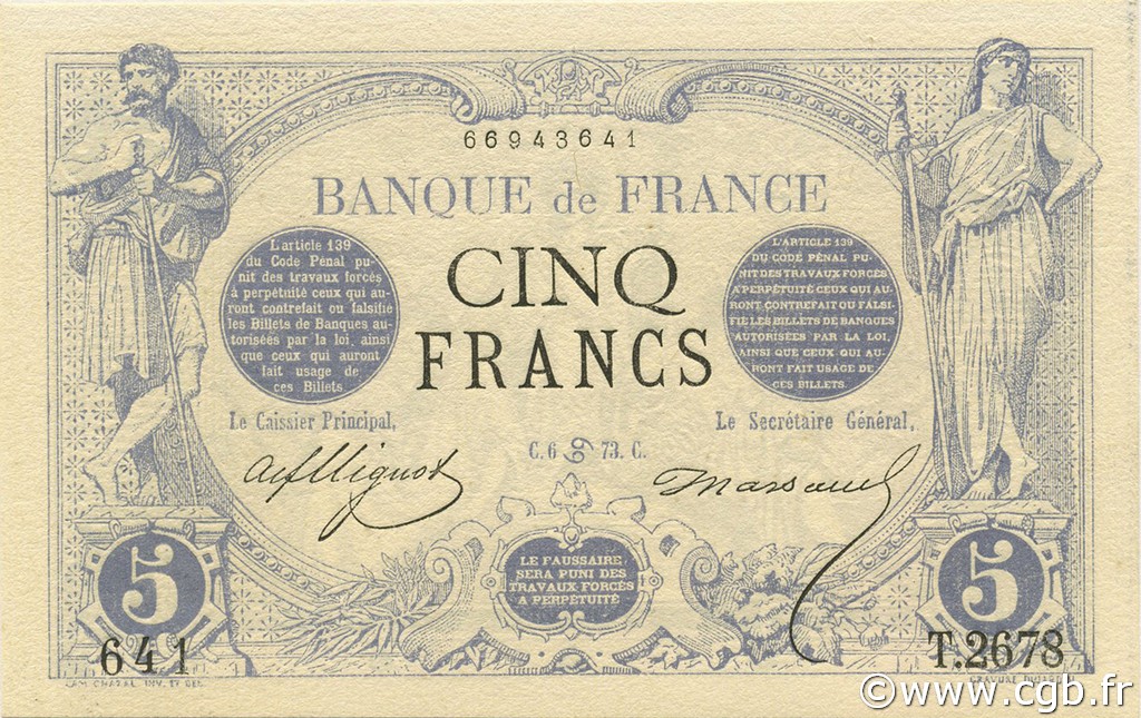 5 Francs NOIR FRANCE  1873 F.01.19 UNC