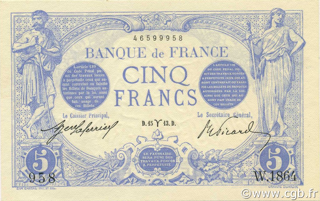 5 Francs BLEU FRANCE  1913 F.02.15 UNC