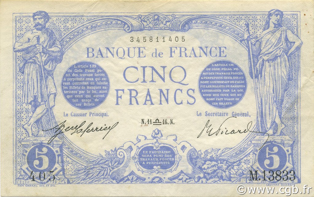 5 Francs BLEU FRANKREICH  1916 F.02.43 SS to VZ