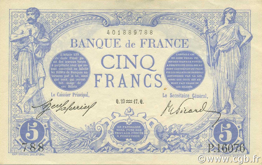5 Francs BLEU FRANCIA  1917 F.02.47 SC+