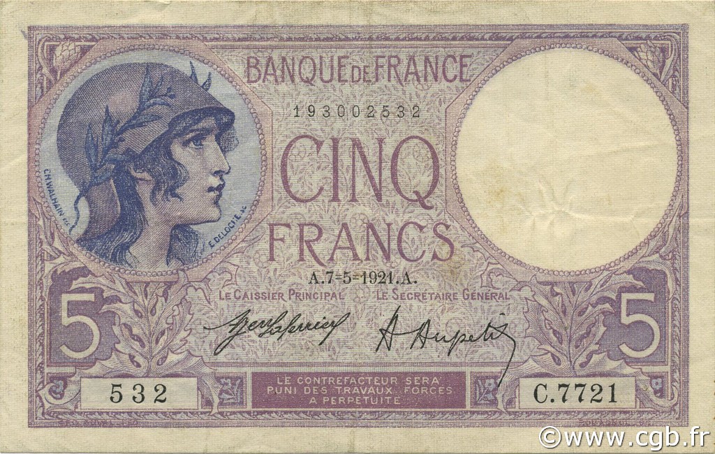 5 Francs FEMME CASQUÉE FRANKREICH  1921 F.03.05 SS